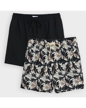 Threadbare 2 Pack Leaf Print Seersucker Swim Shorts - Black