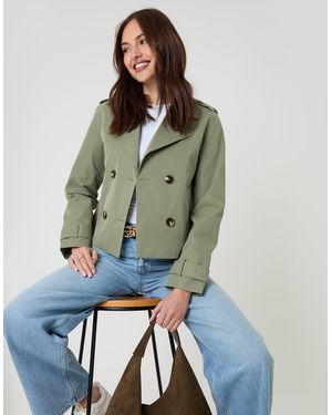 Threadbare Double Breasted Cropped Trench Coat - Green