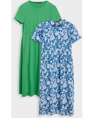 Threadbare 2 Pack Pure Cotton Midi Smock Dresses With Pockets - Blue