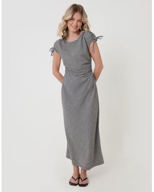Threadbare Ruched Midi Dress With Shoulder Tie Details - Grey