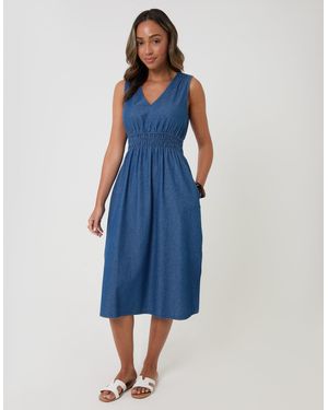 Threadbare Ruched Waist Denim Midi Dress - Blue