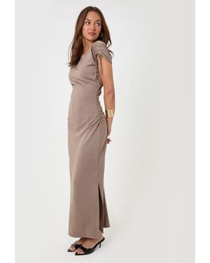 Threadbare Ruched Midi Dress With Shoulder Tie Details - Natural