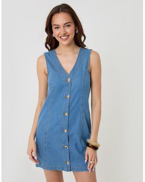 Threadbare Waistcoat Denim Mini Dress - Blue