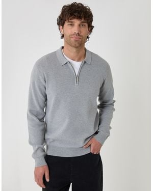 Threadbare Cotton Rich Quarter Zip Long Sleeve Polo - Grey