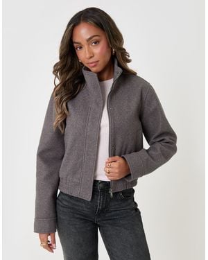 Threadbare Faux Wool Funnel Neck Bomber Jacket - Grey