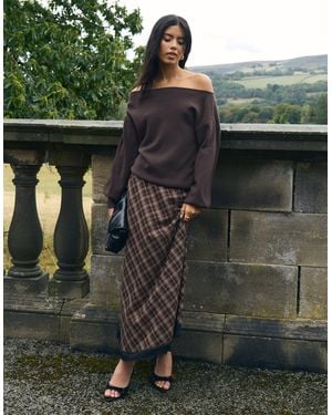 Threadbare Asymmetric Lace Trim Midaxi Skirt - Brown
