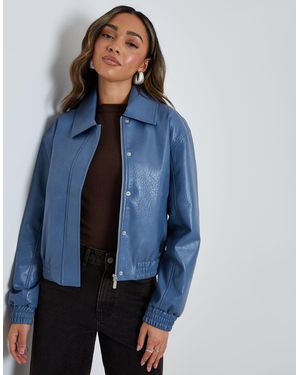 Threadbare Faux Leather Bomber Jacket With Collar - Blue