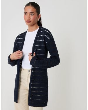 Threadbare Pointelle Knit Longline Cardigan - Blue