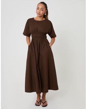Threadbare Elasticated Waist Cotton Poplin Midi Dress - Brown