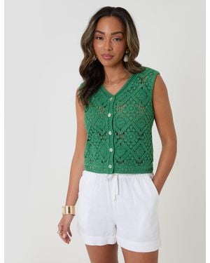 Threadbare Crochet Button Up Vest - Green