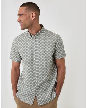 Threadbare Palm Tree Print Cotton Poplin Short Sleeve Shirt - Grey