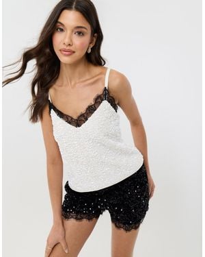 Threadbare Sequin Cami With Lace Trim - White