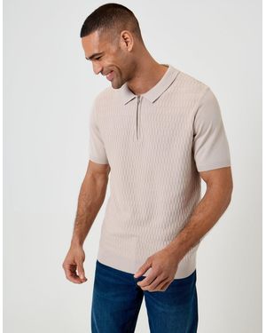 Threadbare Textured Knit Quarter Zip Polo - Natural