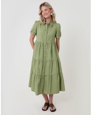 Threadbare Denim Puff Sleeve Shirt Dress - Green