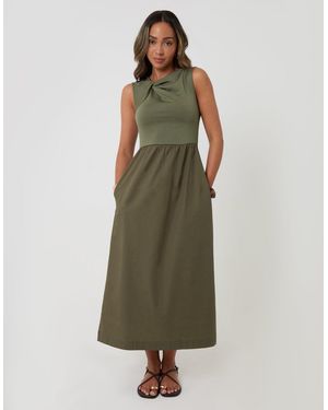 Threadbare Twist Detail 2-In-1 Midi Dress With Poplin Skirt - Green