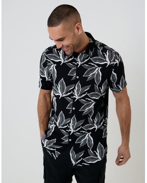 Threadbare Leaf Print Short Sleeve Shirt - Black