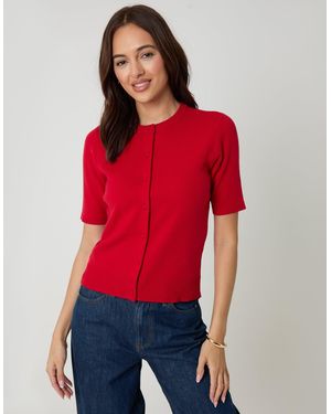 Threadbare Jacquard Knit Short Sleeve Cardigan - Red