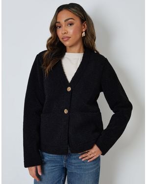 Threadbare Button Up Borg Jacket - Black