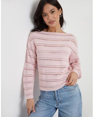 Threadbare Slash Neck Pointelle Knit Jumper - Red