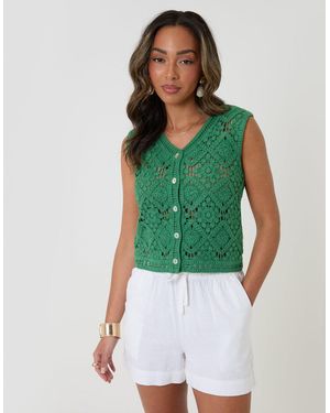 Threadbare Pure Cotton Crochet Style Vest - Green