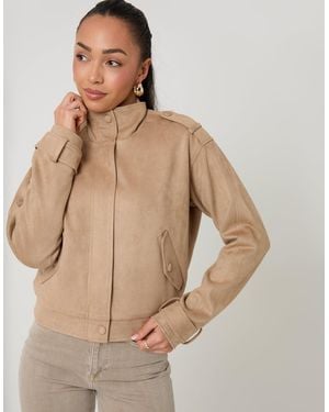 Threadbare Faux Suede Funnel Neck Bomber Jacket - Natural