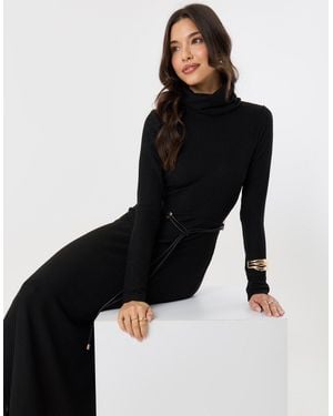 Threadbare Ribbed Roll Neck Maxi Dress With Belt - Black