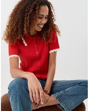 Threadbare Cable Knit Scallop Trim Polo - Red