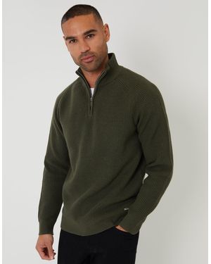 Threadbare Rib Panel Quarter Zip Knitted Jumper - Green