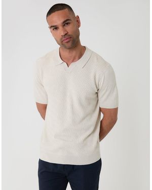 Threadbare Textured Knit Front Trophy Neck Polo - White
