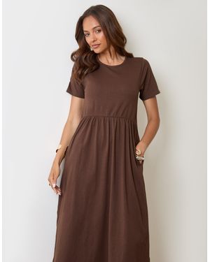 Threadbare Pure Cotton Midi Smock Dress With Pockets - Brown