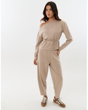 Threadbare Ribbed Slash Neck Top & Wide Leg Trousers Co-Ord - Natural