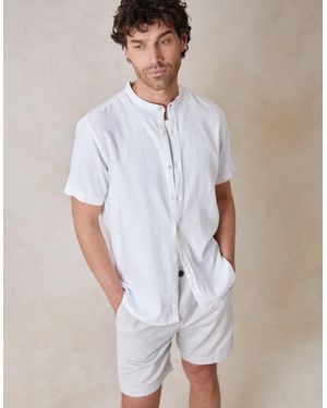Threadbare Grandad Collar Linen Blend Short Sleeve Shirt - White
