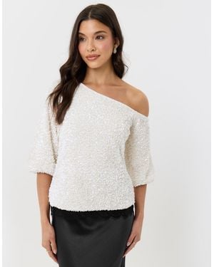 Threadbare Sequin Slash Neck Puff Sleeve Top - White