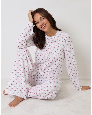 Threadbare Cherry Print Lettuce Hem Pyjama Set - Grey