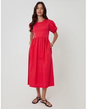 Threadbare Puff Sleeve Jersey Poplin Mix Maxi Dress - Red