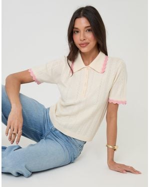 Threadbare Pointelle Knit Scalloped Polo Collar Top - White