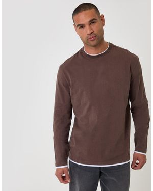 Threadbare Relaxed Fit Mock Layer Long Sleeve T-Shirt - Brown