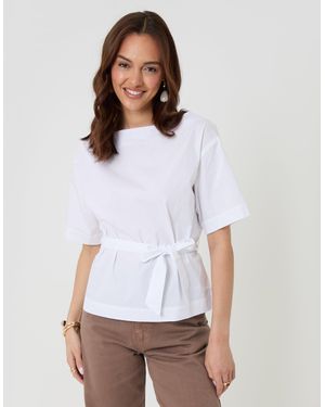 Threadbare Poplin Slash Neck Tie Belt Top - White