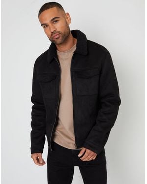 Threadbare Faux Suede Borg Lined Aviator Jacket - Black
