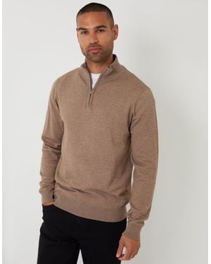 Threadbare Funnel Neck Quarter Zip Knitted Jumper - Brown