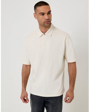 Threadbare Oversized Quarter Zip Polo Shirt - White