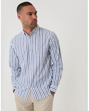 Threadbare Wide Stripe Linen Cotton Blend Long Sleeve Shirt - Blue
