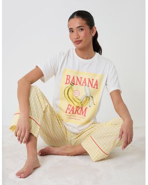 Threadbare Cotton Banana Farm Print Pyjama Set - Natural