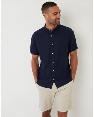 Threadbare Grandad Collar Linen Blend Short Sleeve Shirt - Blue