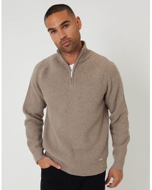 Threadbare Rib Panel Quarter Zip Knitted Jumper - Brown