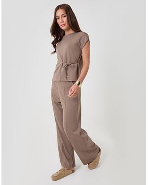 Threadbare Relaxed Fit Tie Top & Wide Leg Trousers Set - Natural