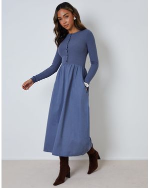 Threadbare 2-In-1 Jersey Poplin Mix Button Down Dress - Blue