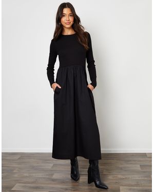 Threadbare Rib Jersey 2-In-1 Midi Dress With Poplin Skirt - Black