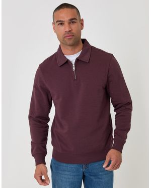Threadbare Cotton Rich Quarter Zip Polo Sweatshirt - Purple