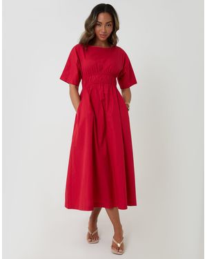 Threadbare Elasticated Waist Pure Cotton Midi Dress - Red